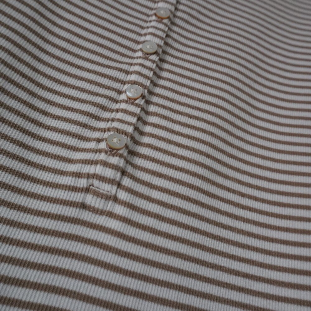 M.M. LaFleur Mori Hinley Thin Striped Ribbed Pima Cotton Khaki / Ivory Tee - Picture 4 of 7